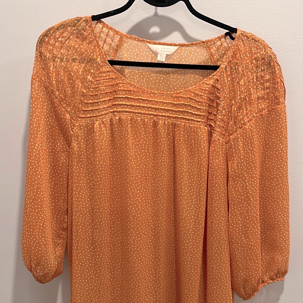 LC LAUREN CONRAD white polka dot caramel blouse